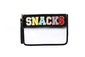 Detail of waterproof PVC snack pouch with colorful towel embroidery and gold zipper