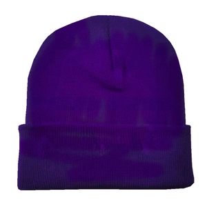 Detailed texture of purple knit beanie featuring solid color acrylic weave pattern