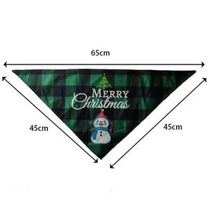 Detailed size chart of Christmas plaid pet bandana featuring snowman and 65cm base length