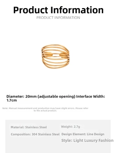 Detailed view of adjustable multi-layer 18k gold plated stainless steel ring dimensions