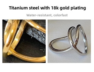 Detail view of wavy 18k gold plated titanium steel rings with S.Steel engraving marks