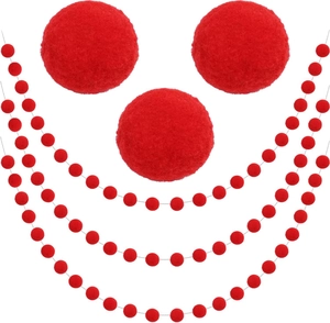 Detail of soft 2m red felt pom-pom garland for Christmas tree and home wall decoration