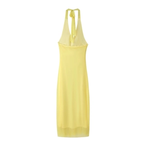 Chic robe midi jaune dos nu avec volants élégants pour les vacances d'été et plage