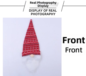 Front view of Christmas gnome wine bottle cover with red knit hat and white beard