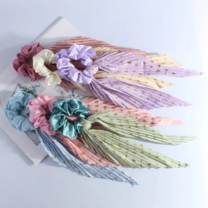 5-pack satin and pleated chiffon scrunchies with long ribbons in assorted colors