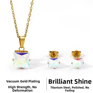Detailed macro view of square iridescent zircon pendant and earrings in gold-plated steel
