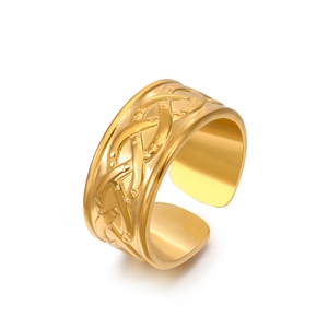 Polished 18K gold plated stainless steel wide ring with Celtic knot relief pattern