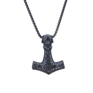 Nordic Mjolnir pendant necklace in vintage gun black finish with Celtic relief patterns