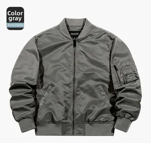Front view of a grey nylon bomber jacket featuring a utility sleeve pocket and ribbed collar