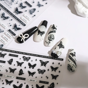 3D butterfly and rose nail art stickers with chic black pattern and adhesive back
