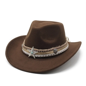 Detail of brown wool cowboy hat with star badge, turquoise stone, and studded bands