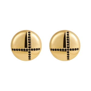 Close-up of gold plated round stud earrings with black zircon cross micro-inlay pattern