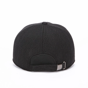 Thick black winter baseball cap for men featuring a metal adjustable buckle back view