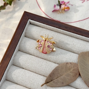 Fashionable ladybug brooch with pink rhinestones and red enamel on a wooden jewelry box
