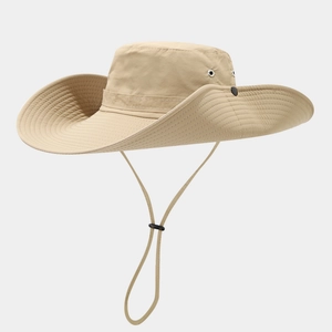 Detail of khaki wide-brim sun hat with reinforced stitching and metal side vents