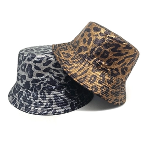 Metallic leopard print bucket hats in silver and bronze colors with sun protection