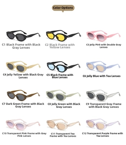 Cat eye oval sunglasses color chart showing 12 styles from black to transparent jelly frames