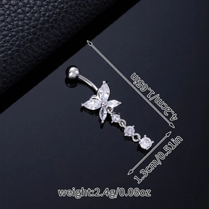 Macro view showing dimensions of silver butterfly navel ring with zircon tassels