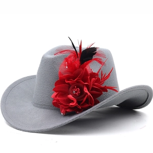 Western Cowboy Fedora Hat Felt Wide Brim With Large Flower And Feathers Ethnic Vintage Style For Men Women Party Travel