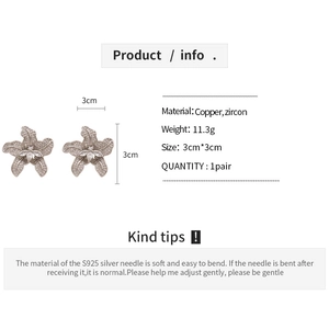 Detailed spec sheet showing zircon flower earrings with S925 silver pins and copper material