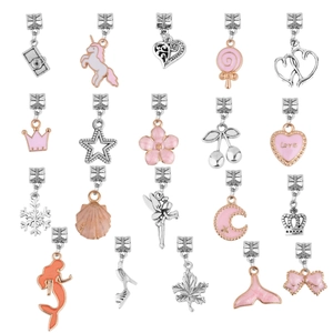 Collection of 22 pink themed enamel charms and beads including unicorns for DIY bracelets