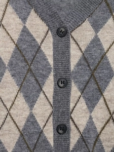 Detailed close-up of Argyle pattern knit cardigan with classic dark buttons