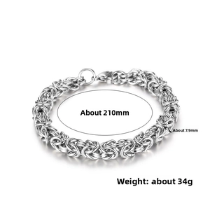 Detailed view of 7.9mm wide Byzantine weave stainless steel bracelet with dimensions