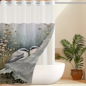 Detail of waterproof floral shower curtain with reinforced metal eyelets and bird pattern