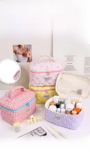 Detail of quilted cosmetic bag interior showing mesh pockets and organized makeup