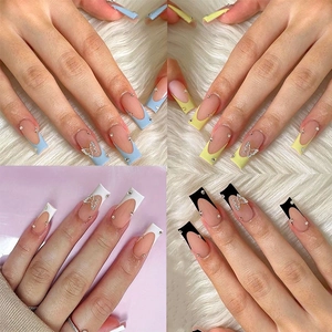 Press On Nails Long Coffin French Style ABS With Rhinestone And Butterfly Charms For Women Fashion Nails Art