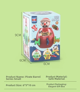 Detail of small pirate barrel game toy with daggers and exquisite gift box packaging