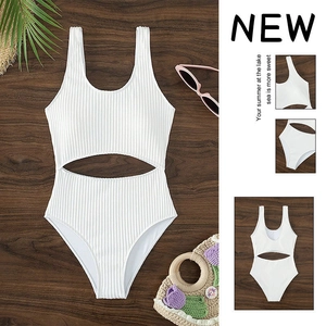 Women One-Piece Swimsuit Ribbed Fabric Cutout Design U-Neck Wide Straps Sexy Beachwear Bathing Suit