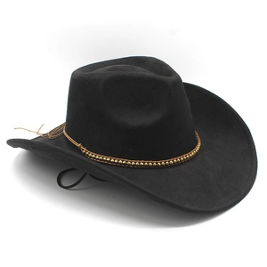 Detail of black suede cowboy hat featuring vintage bronze beaded band and windproof cord