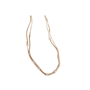 French minimalist double-layer gold snake chain necklace featuring white pearl accents