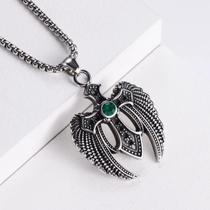 Vintage steel angel wing pendant necklace with a green zircon cross and bead chain