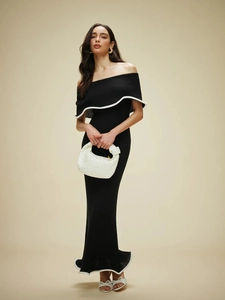 Off Shoulder Knitted Maxi Dress Contrast Trim Bodycon Slim Fit Sleeveless Ruffle Edge Elegant Long Dress For Women