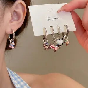 5-piece set of cartoon dachshund dog hoop earrings with colorful enamel charms for women
