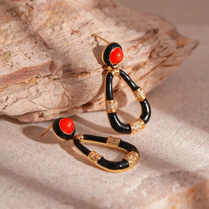 Vintage Teardrop Dangle Earrings With Silver Earring Post Alloy Resin Zircon Red Black Elegant Jewelry For Women