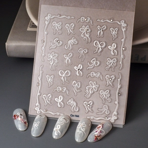 5D Embossed Nail Art Stickers White Bow Ribbon Design Self Adhesive Waterproof Resin Decals With Rhinestones Artificial Pearls
