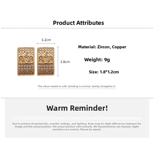 Detailed specs of gold plated stud earrings featuring zircon pavé and cutout V design