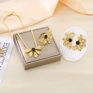 18K gold plated flower jewelry set with black gems including necklace, ring and earrings