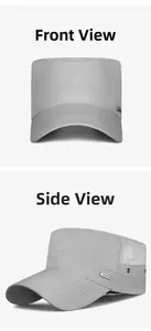 Detail of grey quick-dry cadet cap with metal logo and breathable mesh side panels
