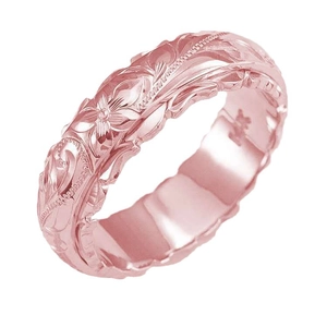 14K rose gold wedding ring with hand-engraved Hawaiian floral and scroll patterns