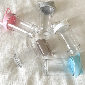 Five pack of transparent plastic water bottles with colorful flip lids and carry loops