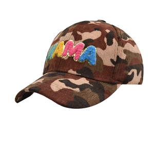 Women's camouflage corduroy baseball cap featuring colorful chenille MAMA patches
