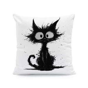 Detail of white square cushion cover with black fluffy cat ink illustration and soft texture