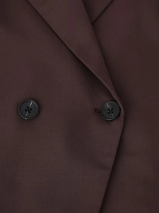 Close-up detail of dark brown blazer fabric texture with two professional buttons