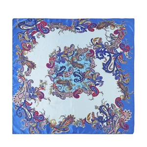 Blue and white 90cm paisley square satin silk scarf for women featuring premium prints