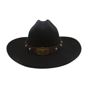 Detail of black felt cowboy hat featuring turquoise studs and a vintage bull head buckle
