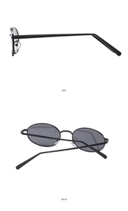 Side and back view of retro oval hip-hop sunglasses with black metal frames and dark lenses